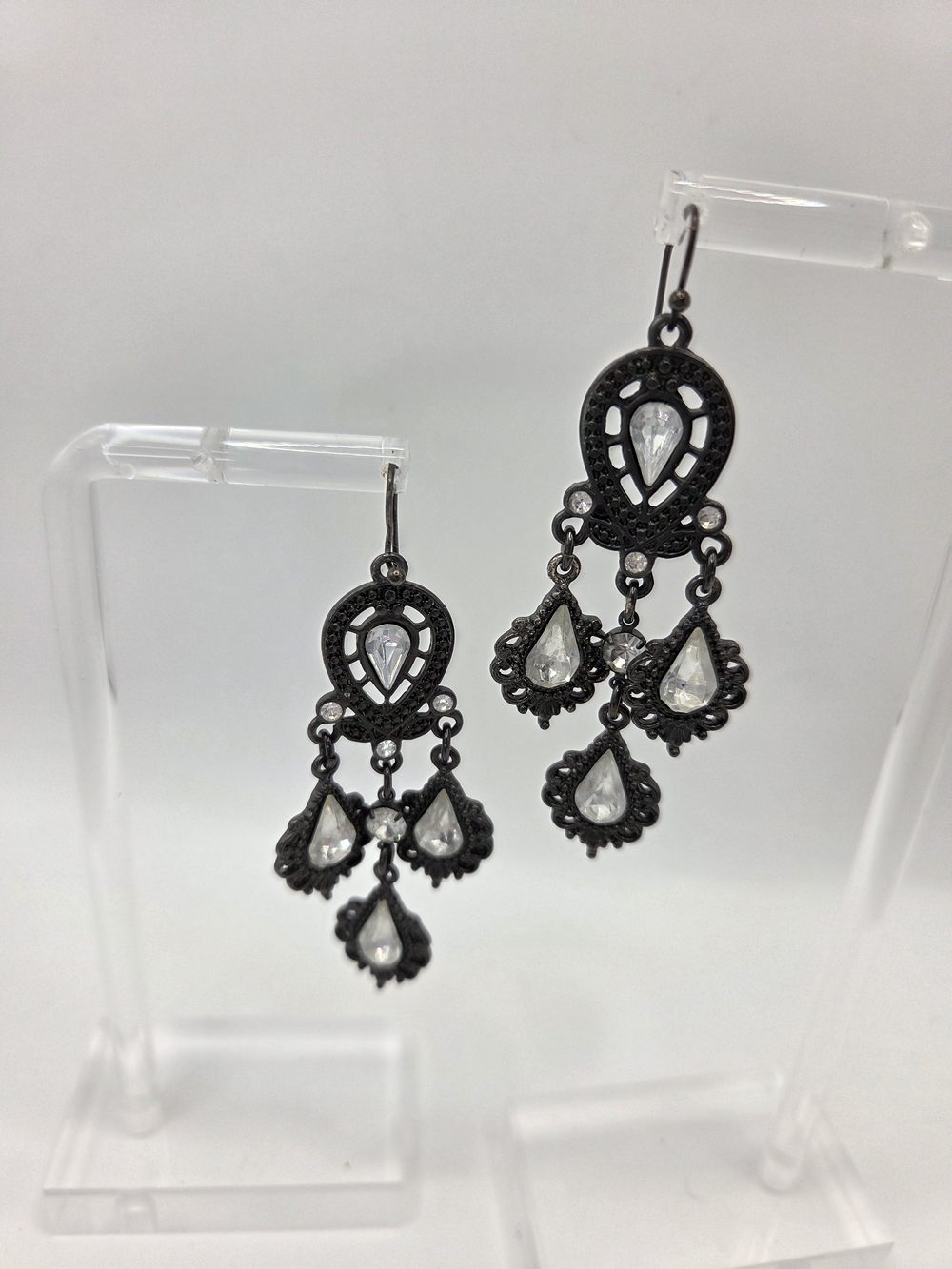 Ever Faith Victorian Gunmetal Filigree White Teardop Crystal Chandelier Earrings